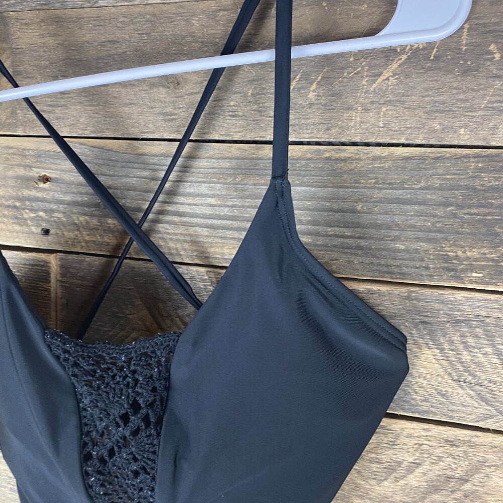 Xhilaration Women's Size XL Black One Piece Swimsuit With Crochet Chest Area - Picture 3 of 6